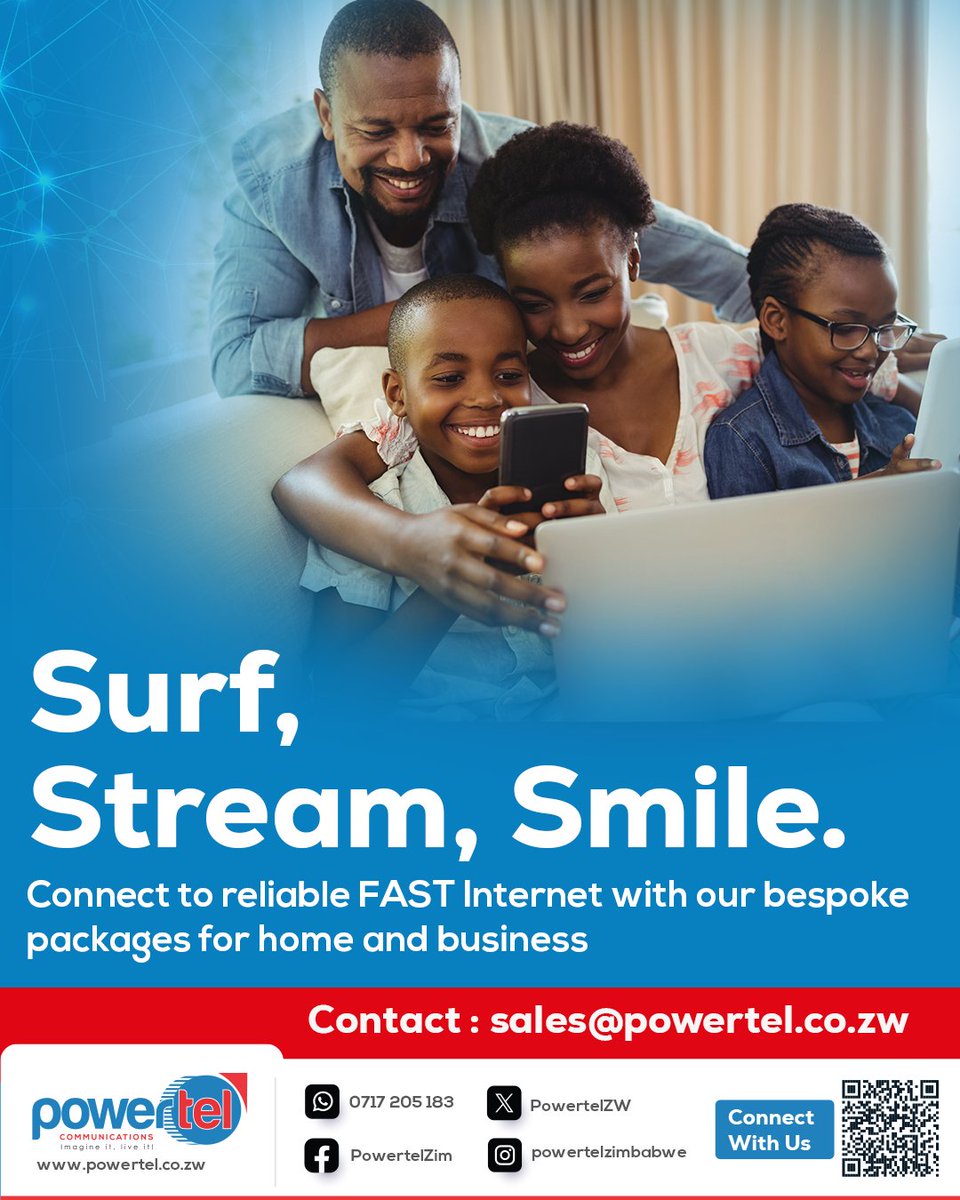 PowerTelZW's tweet photo. Surf, Stream, Smile! Experience the joy of connecting to reliable, fast internet with our bespoke packages for both home and business. Let's elevate your online experience today! 📷 https://t.co/jtgsgvLOVy