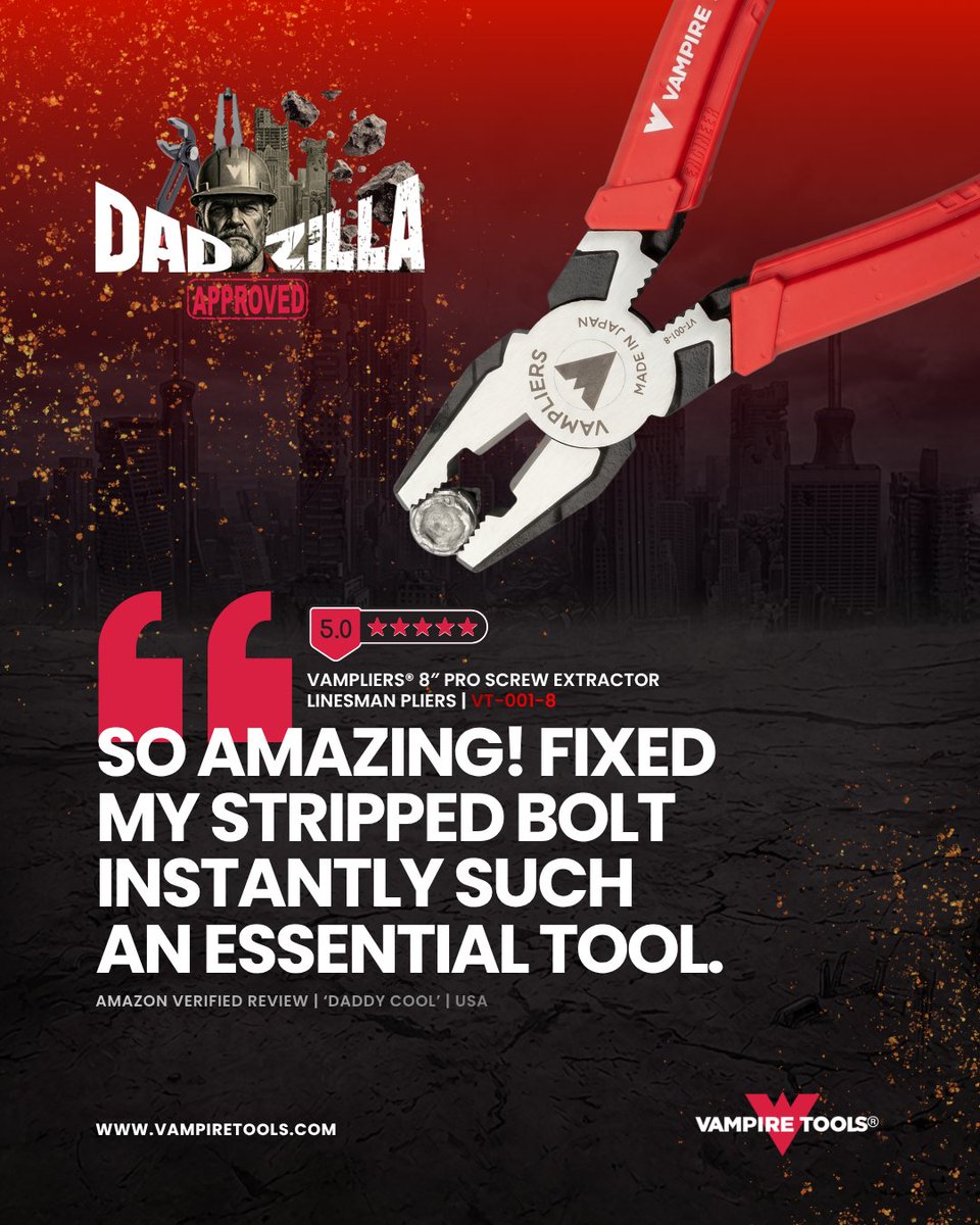 Vampire_Tools's tweet photo. Make Father’s Day extra special with one of our best-sellers the 8″ PRO SCREW EXTRACTOR LINESMAN PLIERS.  
https://t.co/oeZm3a7TI8

Don’t forget to use code DADVT15 at checkout for 15% OFF! https://t.co/FFx0UDJsrW