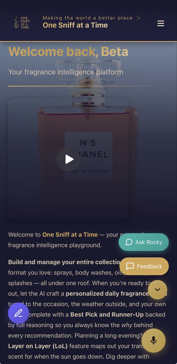 onesniffatatime's tweet photo. I built a fragrance intelligence app called OSaaT. Rocky, the AI advisor inside, builds daily wear menus based on your entire collection, weather, location, occasion then learns you over time. Looking for beta testers w/ collections of all sizes. https://t.co/sYHakyTp9i #fragtech https://t.co/nsCGAXmg1w