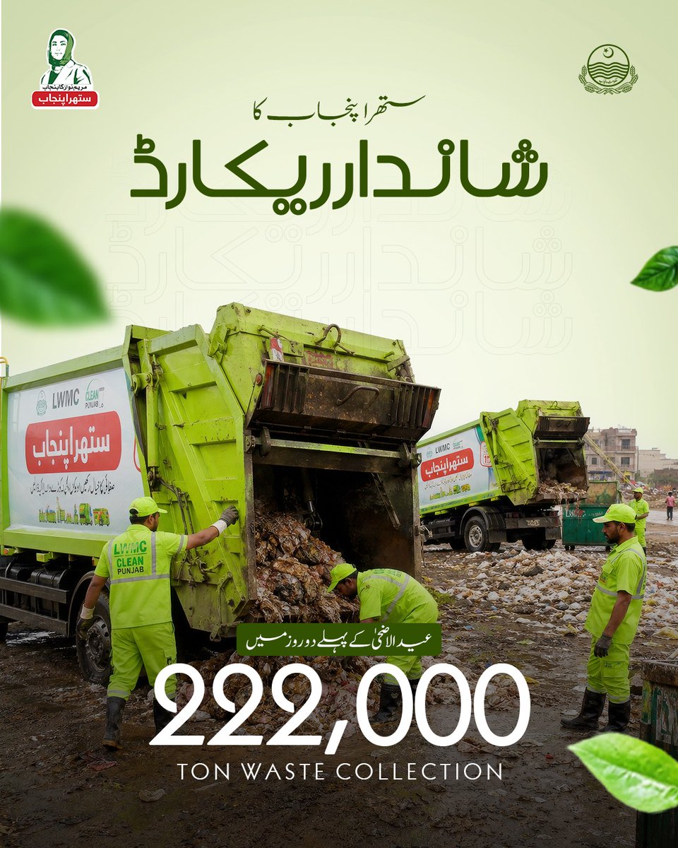 pmln_org's tweet photo. "ستھرا پنجاب کا شاندار ریکارڈ"

 ♦: عید الاضحی کے پہلے دو روز میں 222,000 
TON WASTE COLLECTION
#مریم_کا_ستھرا_پنجاب https://t.co/3To420nP6j