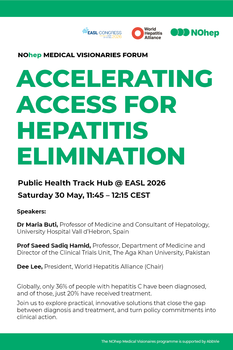 Hep_Alliance's tweet photo. Tomorrow morning at EASL 2026, join us for the NOhep Medical Visionaries Forum with Maria Buti, Saeed Sadiq Hamid, and Dee Lee.

Only 36% of people with hepatitis C have been diagnosed, and of those, just 20% have received treatment. The cure exists but the barrier is access!

Supported by @AbbVie