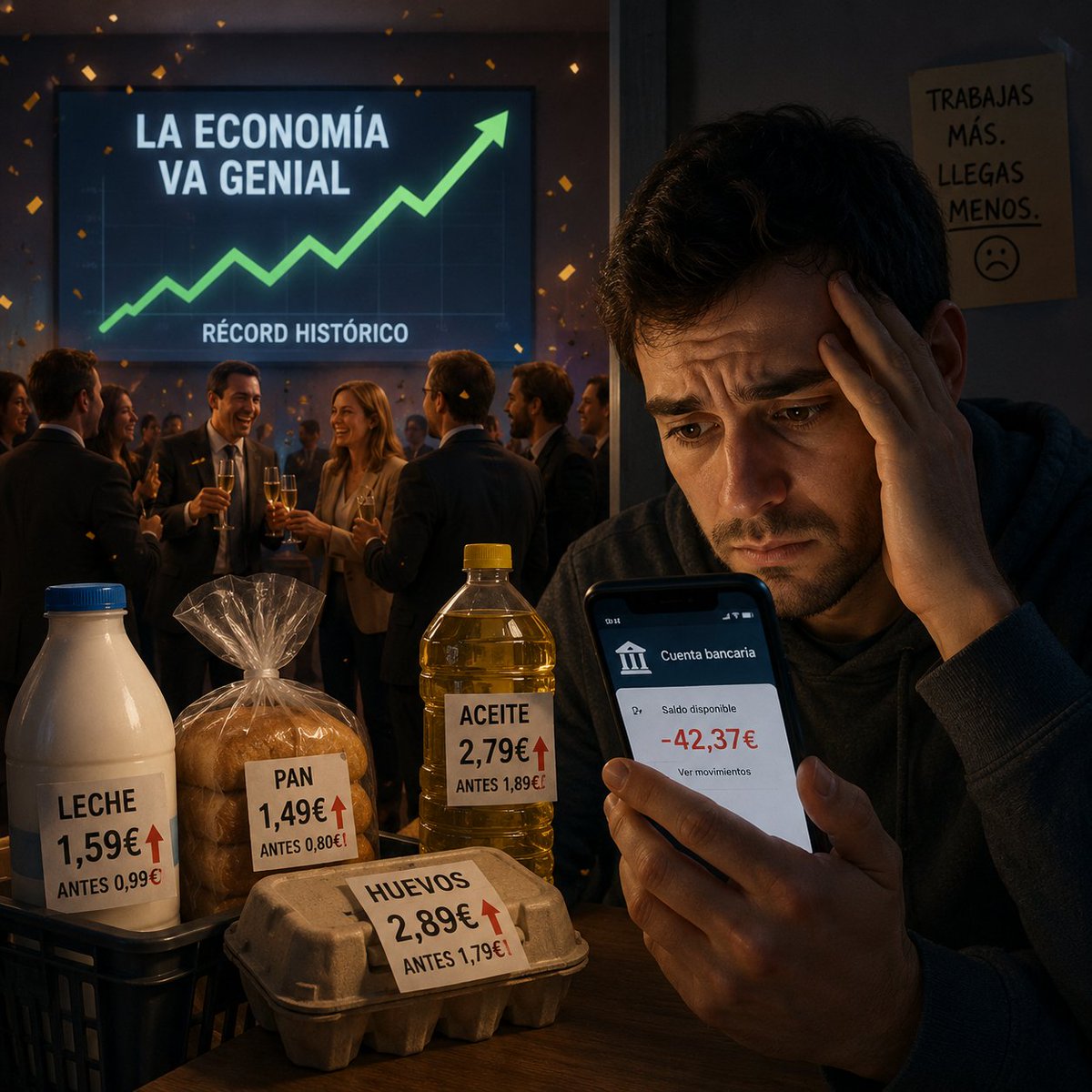 JuanmaNext's tweet photo. Cada vez que sube el precio de algo básico, te dicen que la economía va genial.

Debe ser la primera vez en la historia donde la gente celebra récords económicos mirando la cuenta bancaria con ansiedad.

#Actualidad #Sociedad #Política #España https://t.co/RIrLQJlhIi