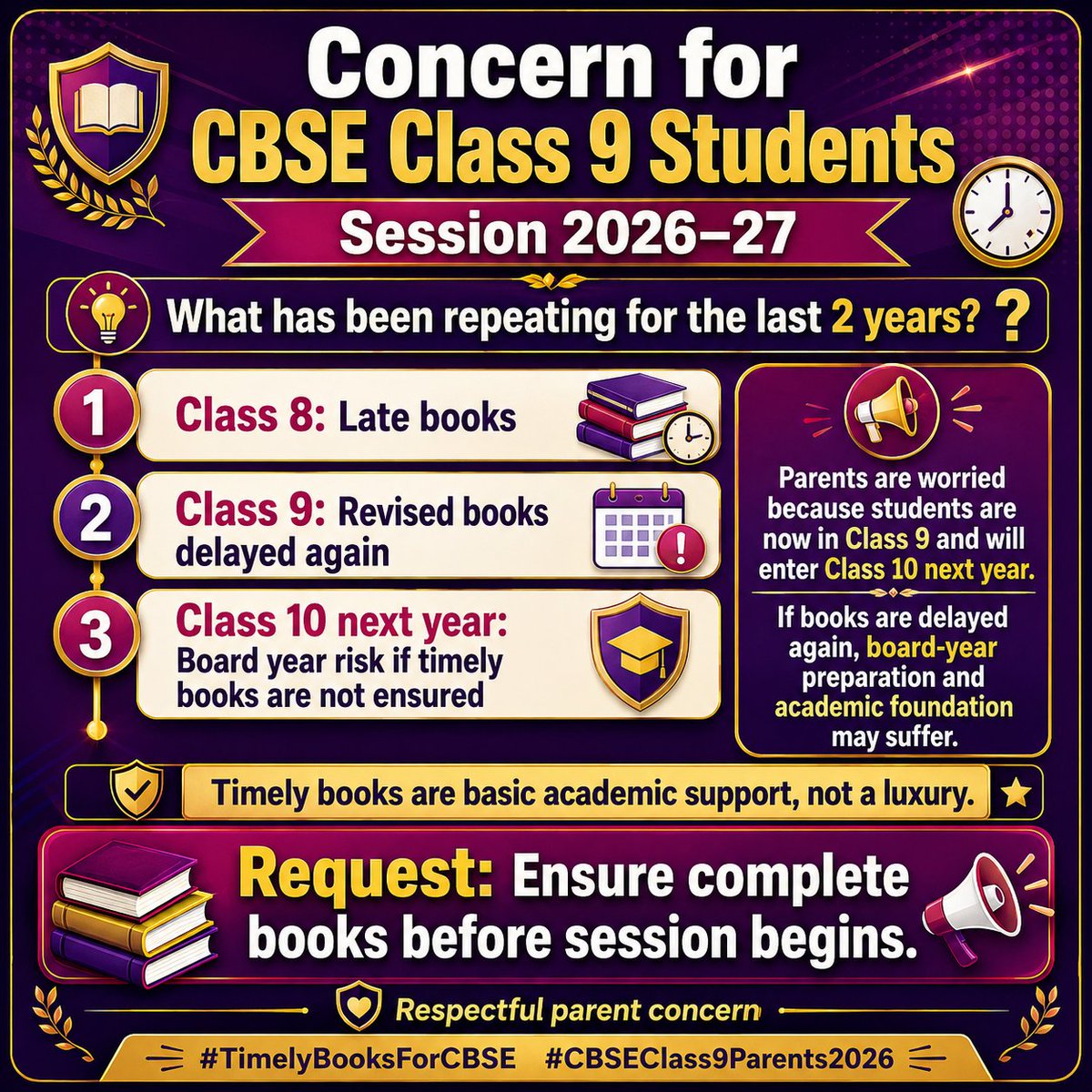 YachnaMaa's tweet photo. Repeated delay should not become normal.

Class 10: board year next
Request: complete books on time.
@PMOIndia @dpradhanbjp @EduMinOfIndia @cbseindia29 @ncert @TheAnuragTyagi 
#TimelyBooksForCBSE #CBSEClass9Parents2026 @PhysicswallahAP @ndtveducation @IndiaToday @IndianExpress https://t.co/YIiKWNWezn