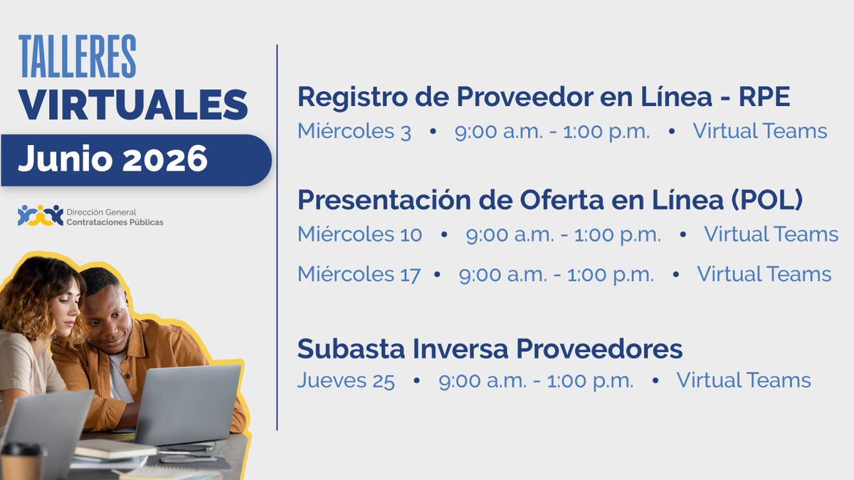 ComprasRD's tweet photo. ¡Participa de nuestros talleres virtuales de junio 2026! ​

🔎Para estos talleres no es necesario que tengas un Registro de Proveedor del Estado (RPE) y/o usuario del Sistema Electrónico de Contrataciones Públicas.
 ​
🔗https://t.co/dQltdEOmNL https://t.co/m6bWCgkCsf
