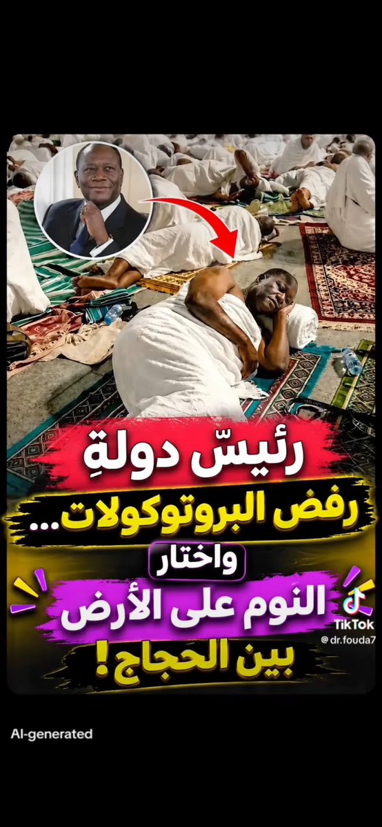 kuwait_othman's tweet photo. رئيس دولةِ
رفض البروتوكولات....

واختار النوم على الأرض

بين الحجاج!
#اضحي_مبارك #الكويت رئيس دولة رفض الضيافة في القصر... واختار النوم وسط الحجاج! ا
إن هذا الذي يفترش الارض الان وسط الحجيح هو الدكتور الحسن عبد الرحمن واتارا رئيس
دولة ساحل العاج
ذهب لاداء مناسك الحج على نفقته الخاصة وأعتذر للديوان الملكي السعودي عن قبوله الإقامة بقصر ملكي حسب التقاليد البروتوكولية
.. ويبقى السؤال .. أين حراسته ؟ لم ياتِ بحراسة ..
الحسن منذ توليه حكم ساحل العاج إستقرت دولته أمنياً وسياسياً واقتصادياً وبخلال عام
إرتفع دخل الفرد فيها إلى 5 ألف دولار سنوياً حكم فعدل فأمن فنام وتبقى الصورة رسالة جميلة بأن التواضع يرفع الإنسان مهما بلغ
منصبه.
(إِنَّ أَكْرَمَكُمْ عِنْدَ اللّه أَتْقَاكُمْ}