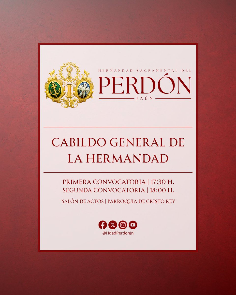 HdadPerdonJn's tweet photo. CABILDO GENERAL DE LA HERMANDAD

Mañana sábado, día 30 de mayo, los hermanos cofrades de pleno derecho de la Hermandad están convocados al Cabildo General que celebraremos, Dm, en el Salón de Actos de la Parroquia de Cristo Rey. https://t.co/OJOPVe4k6H