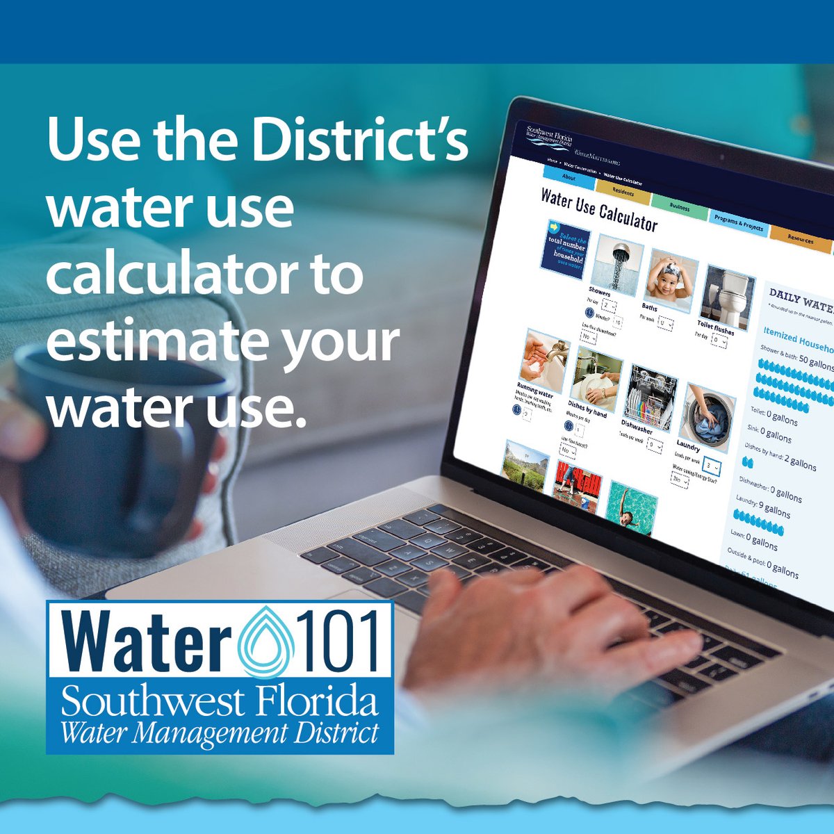 SWFWMD's tweet photo. Find ways to save water and money by using the District’s water calculator to estimate your water use around the home. Visit https://t.co/iEJJ2ytBeJ https://t.co/d9Kptyr2To