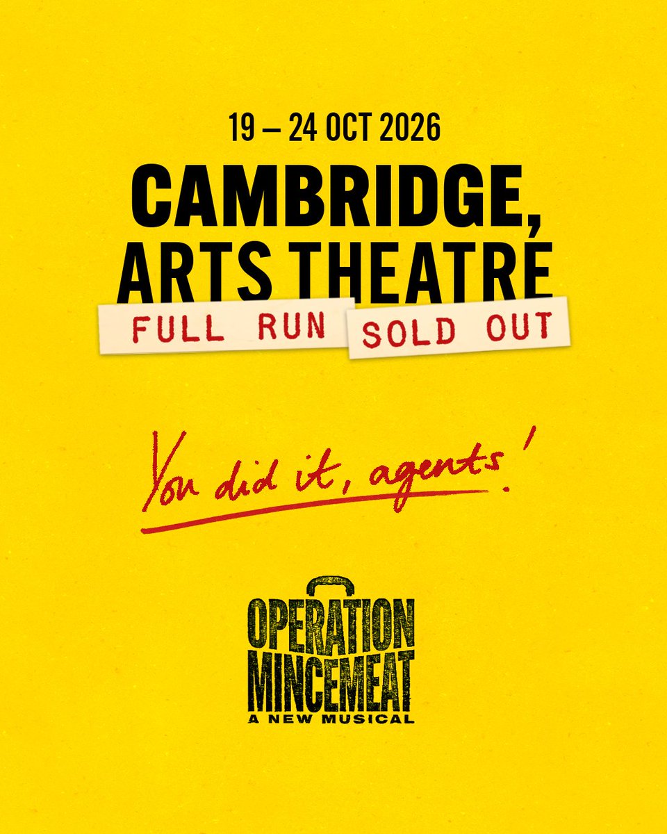 mincemeatlive's tweet photo. You've done it again, agents! 

The entire Cambridge run of the UK Tour is SOLD OUT🎉
Keen agents, keep your eyes out for return tickets, but for now, set your sights on:

📍Milton Keynes, Milton Keynes Theatre | 8 - 13 Jun
📍Norwich, Theatre Royal | 5 - 10 Oct 

Hup two!🫡 https://t.co/Tn02fv7gJK