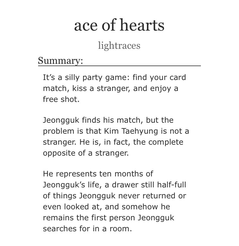lightraces's tweet photo. ace of hearts

↳ #taekookau | complete
     explicit🔞 | 59,531

• exes to lovers
• second chance
• lack of communication
• make-up sex
• top!tae x bottom!jk

🖇️ https://t.co/Lfkn36koBc https://t.co/gDIn6uF3w0