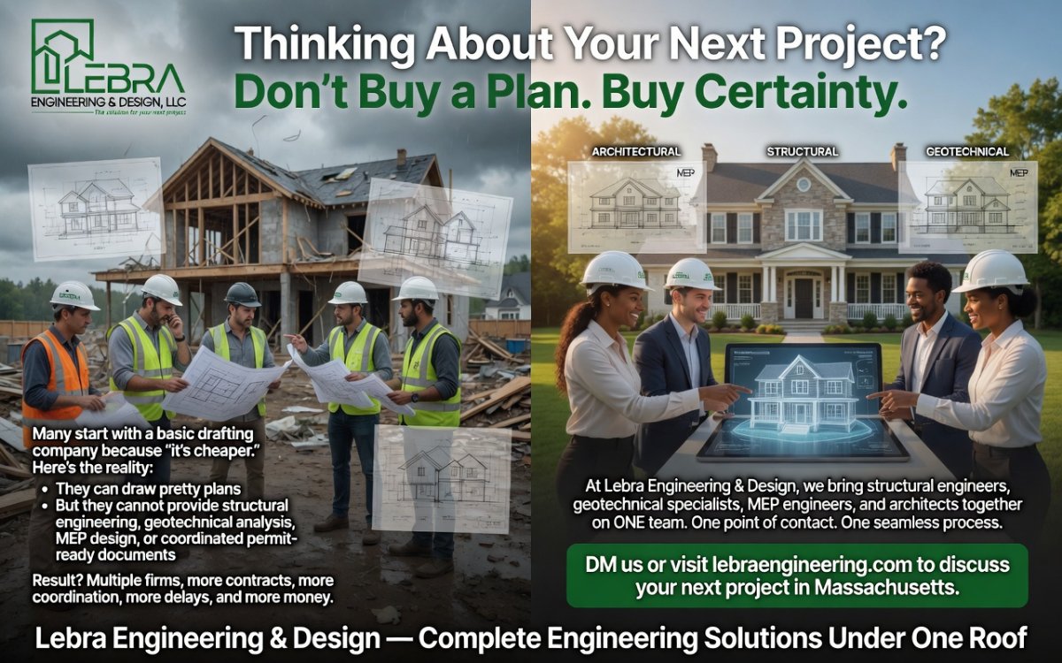 lebraeng's tweet photo. Thinking about your next project? Whether it's a home addition, new build, or commercial renovation — many contractors, homeowners, and agents start by hiring a drafting company or basic design firm because "it's cheaper."
Here's the reality:

They can draw pretty plans.
They cannot provide structural engineering, geotechnical analysis, MEP (Mechanical, Electrical, Plumbing) design, or the coordinated documents needed for permitting.

Result? You end up hiring 2–3 more firms anyway. More contracts. More coordination. More delays. More money.
At Lebra Engineering, we have structural engineers, geotechnical specialists, MEP engineers, and architects all on one team. One point of contact. One seamless process.
Don't buy a plan. Buy certainty.
DM us or visit https://t.co/13eQdrmnw7 to discuss your project.

#Engineering #Construction #HomeRenovation #RealEstate