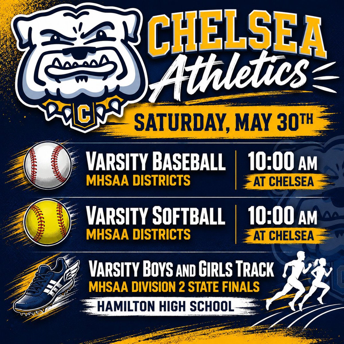 ChelseaBulldogs's tweet photo. 🏆 DISTRICT CHAMPIONSHIP SATURDAY: Chelsea Hosts Baseball &amp; Softball Tournaments; Track Heads to State Finals

https://t.co/2LKSG9w4Xv https://t.co/MDeHDcjyV4