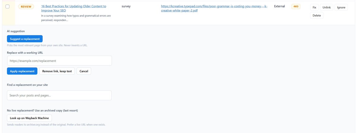 linkilo1's tweet photo. Linkilo v2.8 is COMING SOON! — and the Broken Links checker is going to be a fix tool, not just a finder. 

Find → prioritize → fix, without leaving WordPress:

🔍 Scans links, images, and embedded videos — with a confirm-retry that kills the usual false positives
📊 Sorts broken links by the page's Search Console traffic, so you fix the costly ones first
🛠️ One-click Fix panel: live internal swap, content search, 301, Wayback fallback, or remove-and-keep-text
🤖 AI picks a real page from your site — it can't invent a URL, so a fix never 404s
⚡ Auto-Fix clears the whole list — review first or auto-apply, with one-click undo
📬 Email reports built in — no SMTP plugin required

The detection you already trust, plus the entire fixing half nobody else automates.