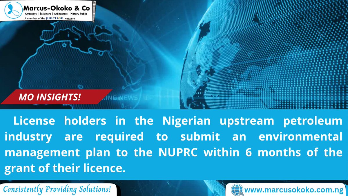 MarcusOkokoLP's tweet photo. Environmental compliance is now a core legal duty in Nigeria’s upstream oil &amp; gas, not box-ticking. PIA 2021 Sec 102: operators must file an EMP with NUPRC within 6 months of licence. No EMP + capacity = no approval. ESG is the new licence to operate. 

#MO 
#OilAndGas #ESG #PIA https://t.co/jRty32Ta45