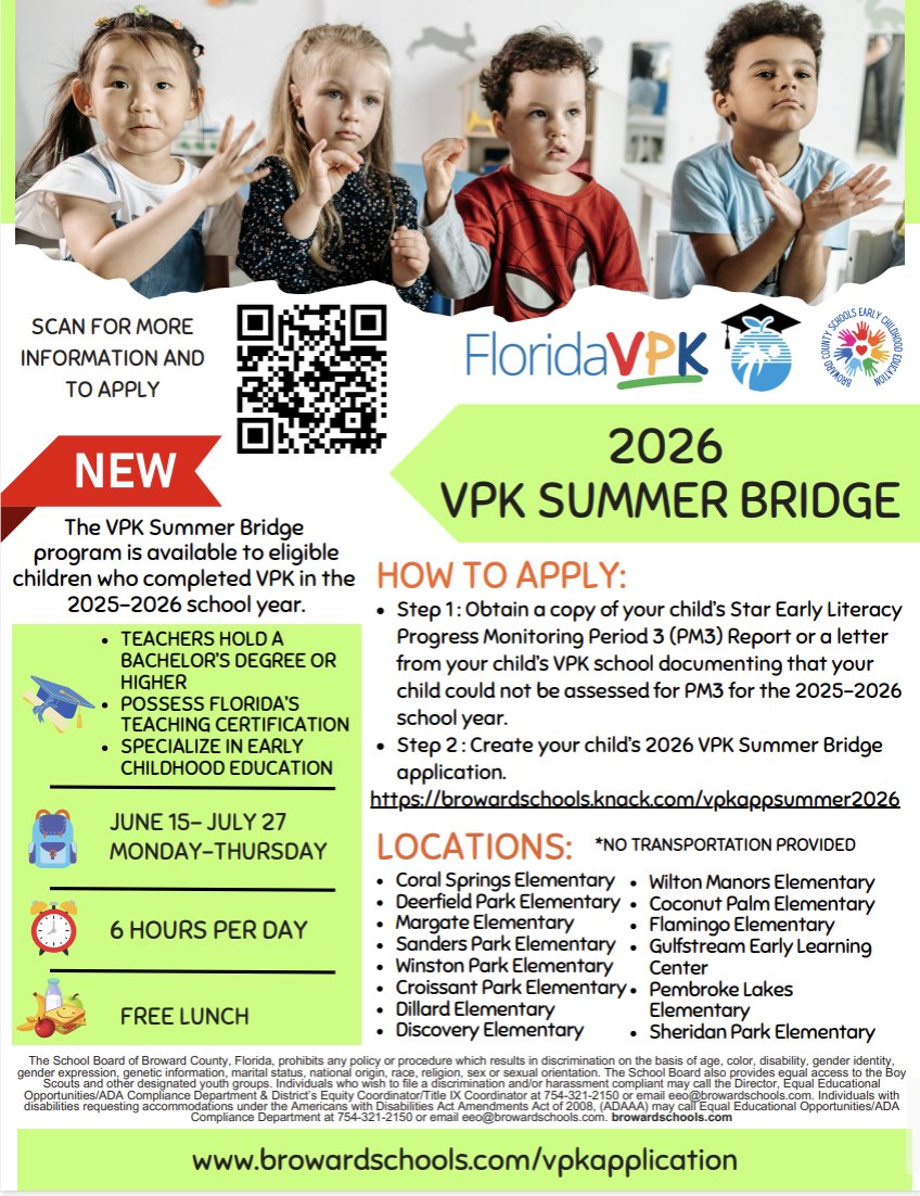 RoyalPalmBCPS's tweet photo. Applications are open for the 2026 VPK Summer Bridge program — FREE summer learning for eligible students who completed VPK in 2025/26. Apply today at https://t.co/gGZFVLjiHY https://t.co/M1WqhLYXpe