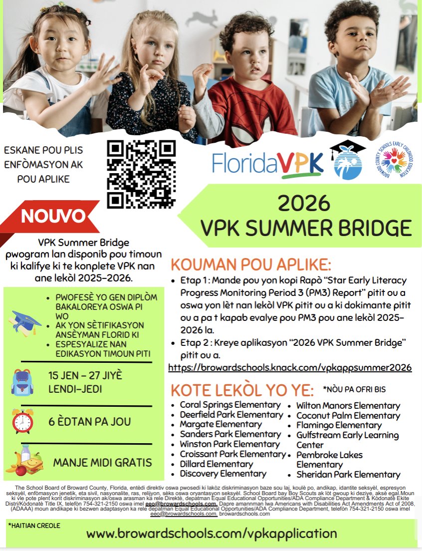 RoyalPalmBCPS's tweet photo. Applications are open for the 2026 VPK Summer Bridge program — FREE summer learning for eligible students who completed VPK in 2025/26. Apply today at https://t.co/gGZFVLjiHY https://t.co/M1WqhLYXpe