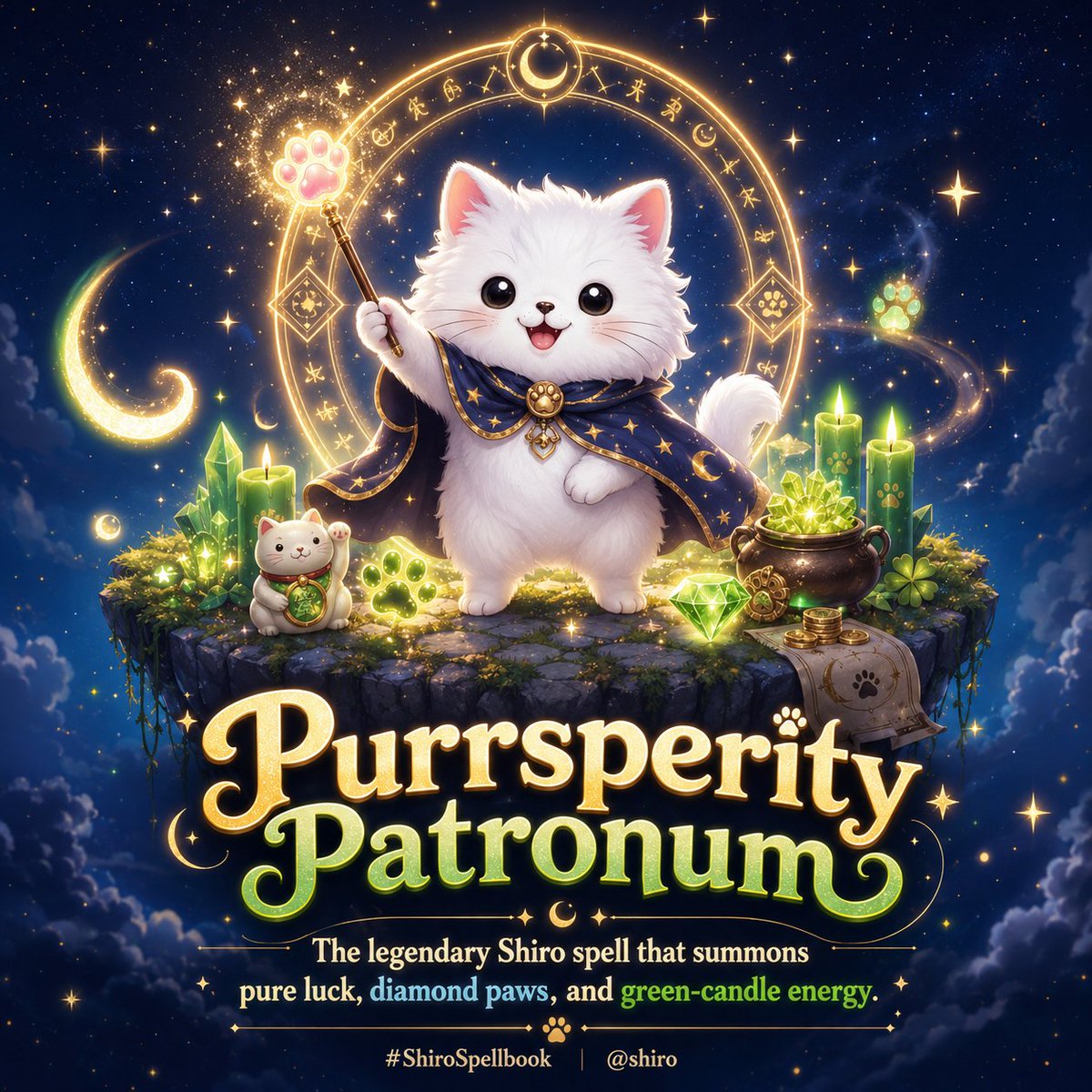 cryptoape313's tweet photo. Purrsperity Patronum Summons good luck, moon magic, and unstoppable community energy.

One tiny paw wave...
- FUD turns into faith
- diamond paws
- Red candles turn into lessons.

And the community starts glowing like the moon.

#ShiroSpellbook @shiro 
#Memecion #lfg https://t.co/GaMJpfakZP