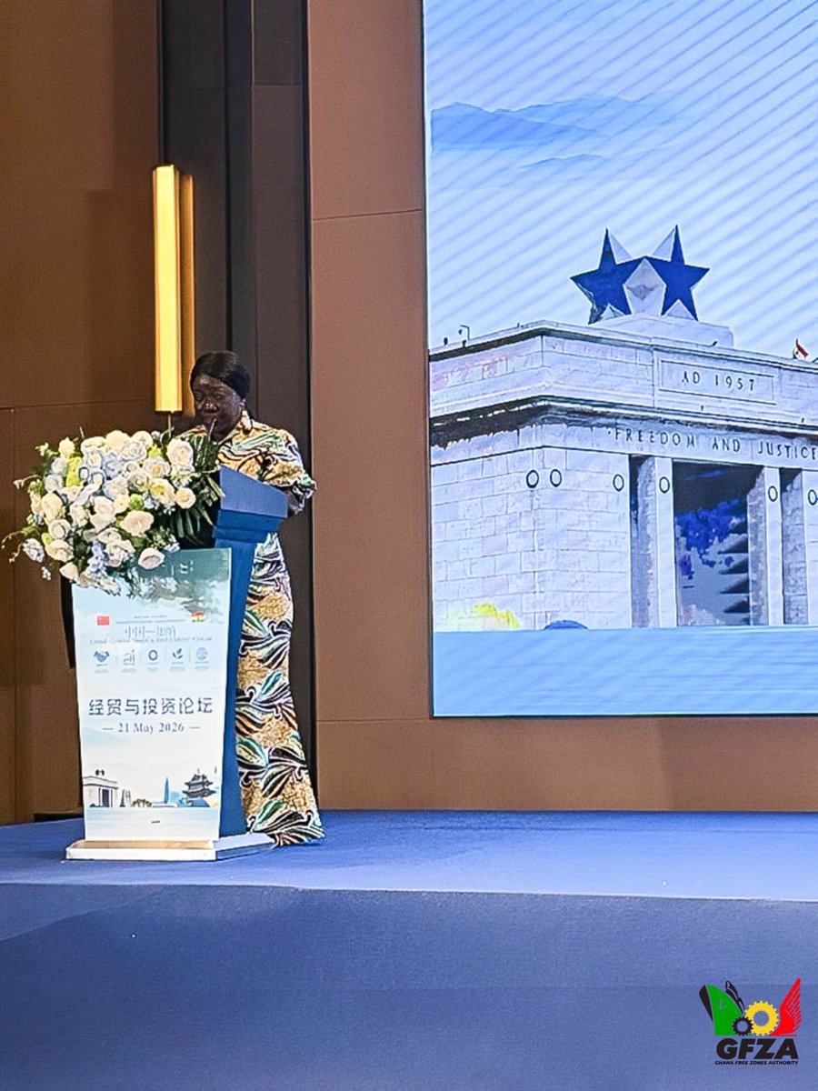 GHANAFREEZONES1's tweet photo. GHANA-CHINA INVESTMENT FORUM: GHANA SHOWCASES INDUSTRIAL AND FREE ZONES INVESTMENT OPPORTUNITIES TO CHINESE INVESTORS 

Jinan,Shandong Province, China, May 2026 

Dr. Mary Awusi, Chief Executive Officer of the Ghana Free Zones Authority, joined the Honorable  Minister for Trade, Agribusiness and Industry, Hon. Elizabeth Ofosu-Adjare, at the Ghana-China Investment Forum held in Jinan, Shandong Province, on Thursday 21st May 2026. The event offered the Ghana team the opportunity to present compelling opportunities for industrial partnerships and investment.
In her keynote address, Hon. Elizabeth Ofosu-Adjare made a strong case for increased Chinese investment in Ghana, describing the country as a ready and profitable destination for industrial growth and long-term partnerships. 

She highlighted Ghana’s stable democracy, strategic location, investor-friendly reforms, and the government’s commitment to transforming the economy from raw material exports to value-added production. The Minister also referenced successful Chinese investments in Ghana, including Sentuo Group, KEDA, Sunda and Zonda Tec, as clear examples of the country’s growing attractiveness as an investment hub in Africa. 

During the forum, Dr. Awusi delivered a presentation on Ghana’s Free Zones Programme, highlighting the country’s strategic position as a preferred investment destination in Africa and the numerous incentives available to investors under the Free Zones regime. She underscored Ghana’s political stability, business-friendly environment, expanding infrastructure, and access to the African Continental Free Trade Area (AfCFTA) market of over 1.4 billion people. 

Dr. Awusi further showcased the success stories of existing Chinese enterprises operating in Ghana and noted that the Ghana Free Zones Authority currently hosts 33 Chinese enterprises within its enclave and some operating as single factory enclaves. 

Other speakers at the forum included Mr. Abdul Baba Razak, Deputy Chief Executive Officer, Ghana Investment Promotion Authority, and officials representing the Shandong Province.
The Ghanaian delegation led by the Minister later took part in B2B engagements and a networking session. 

Issued by Corporate Affairs & PR Department, GFZA.

#gfza #exports #trade #investments #GfzaAt30 @gipcghana @GEPAGhana