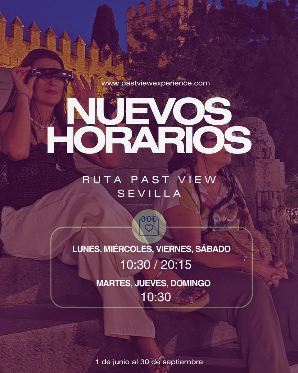 PastView's tweet photo. 📢 Cambio de horarios en nuestras rutas
Del 1 de junio j al 30 de septiembre  nuestras rutas tendrán nuevos horarios:

🕒 Ruta Past View Sevilla
Lunes, miércoles, viernes y sábado → 10:30 / 20:15
Martes, jueves y domingo → 10:30 

🕒 Ruta Past View Magallanes–El Cano
Todos los días → 13:00

🕒 Ruta Visita Puerto de Indias
Martes, jueves y sábado → 10:00