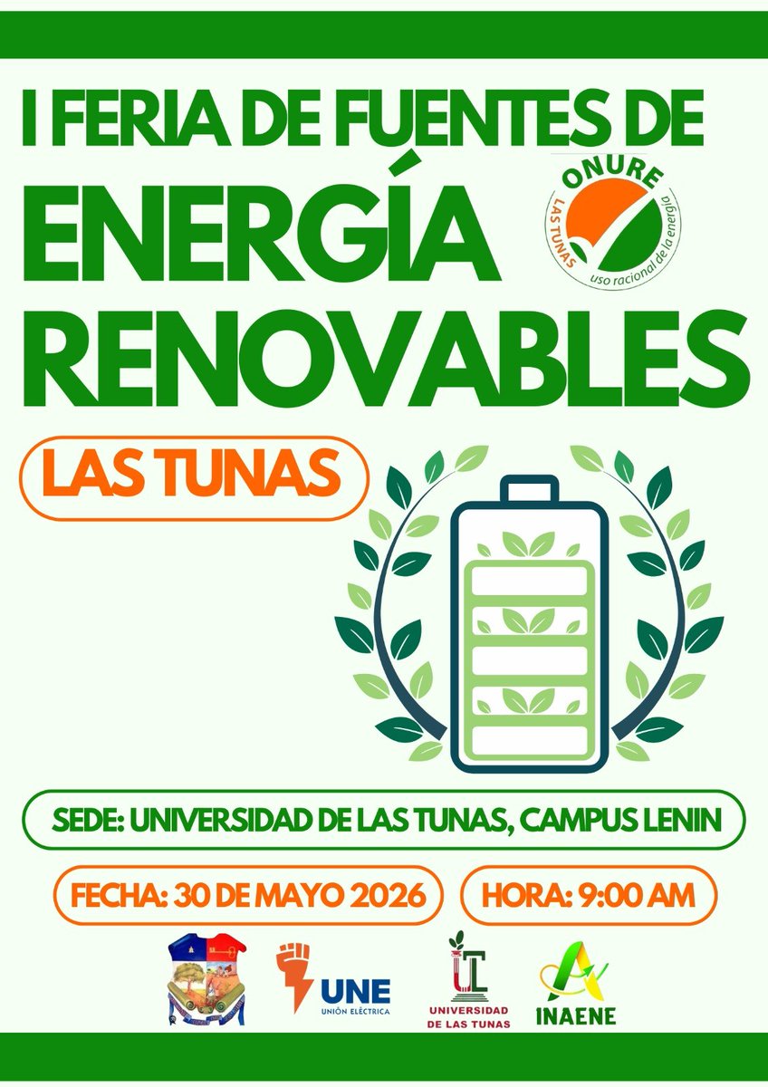 26deLasTunas's tweet photo. #EsNoticia Este sábado, Primera Feria de las Fuentes Renovables en #LasTunas  @ULTCuba 
https://t.co/htVKYjhavO https://t.co/MHJvnGxJFD