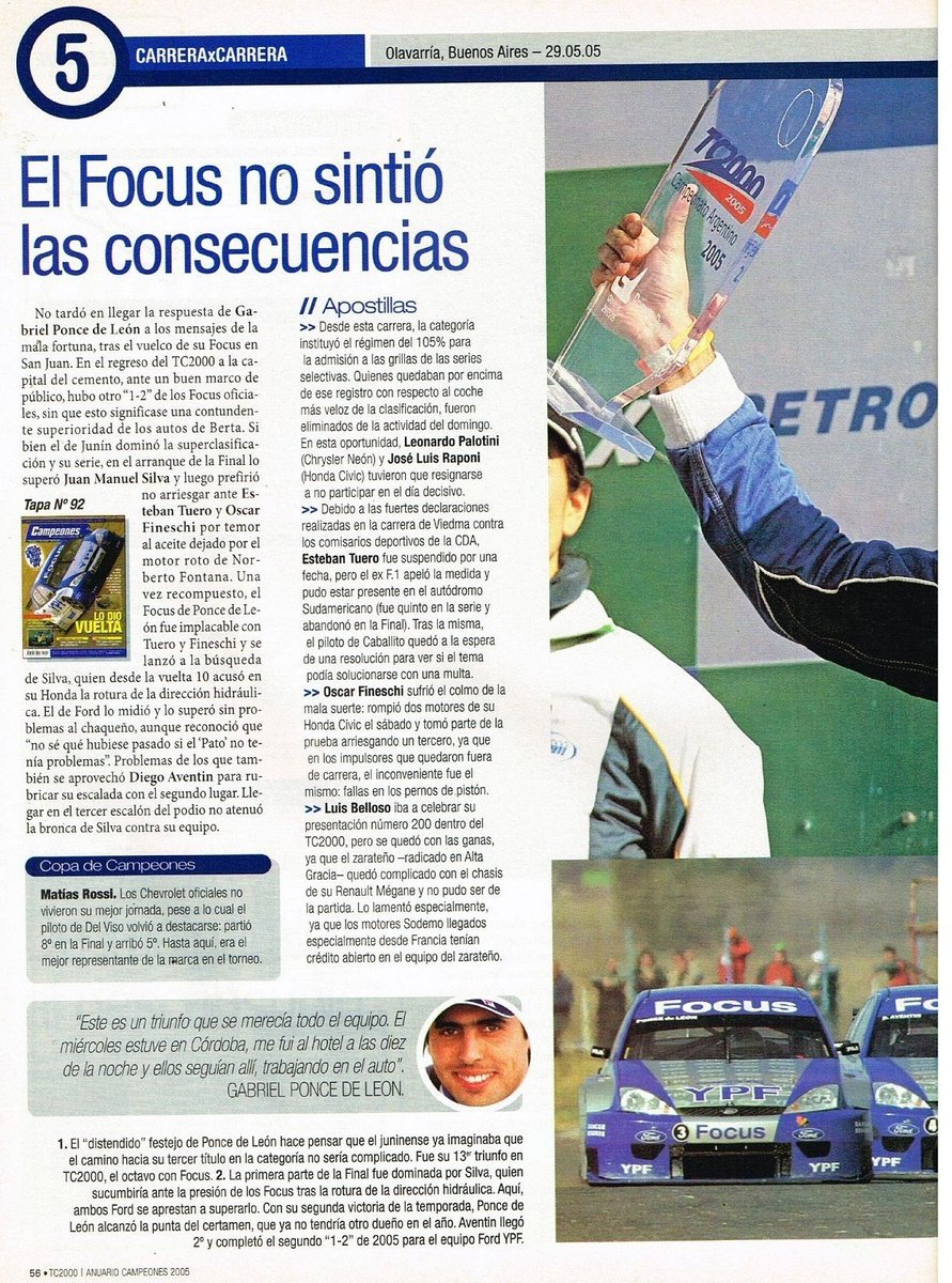 PatoG82's tweet photo. 29 de Mayo de 2005, #TC2000 en el autódromo Sudamericano de Olavarría 🏁

La final a 22 giros al circuito N° 2 era ganada por Gabriel Ponce de León (Ford Focus)(R/V) a 158,12 kph ⏱️
Completaban el podio Diego Aventin (Focus) y Juan M. Silva (Civic)

📓 Anuario Campeones 🦅 https://t.co/UMHQhangCq