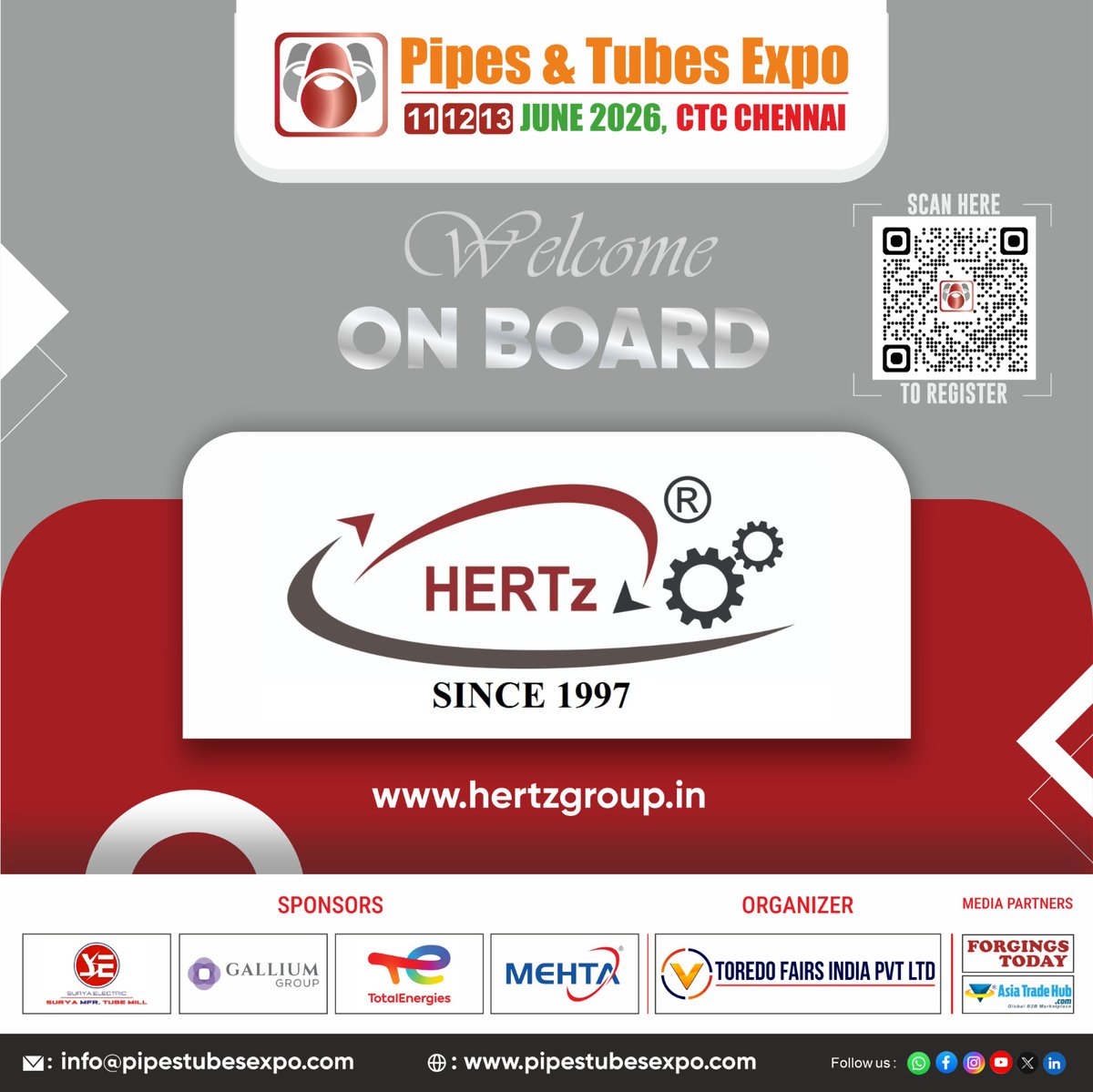 pipestubesexpo's tweet photo. 🌟Welcoming HERTZ CONTROL (INDIA) PVT LTD to Pipes & Tubes Expo 2026
We’re proud to have them join the global stage of pipes & tubes industry
📍Chennai Trade Centre, June 11–13, 2026
#pipesandtubesexpo2026 #pipesandtubes #chennai #pipesandtubesexpo #pipesatubesexpo #toredofairs https://t.co/AP425ca5eR