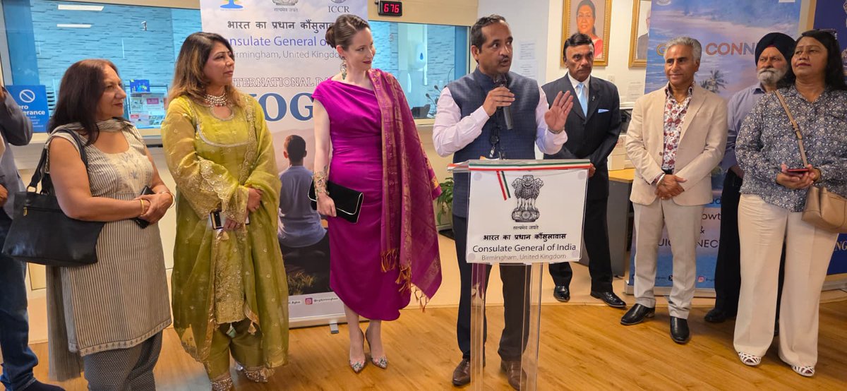 CGI_Bghm's tweet photo. @CGI_bghm celebrated the Curtain Raiser Event of the 12th #InternationalDayofYoga with great enthusiasm and participation from dignitaries, wellness experts, and community organisations. A unique #Yogasana #Exhibition celebrating Yoga Mahotsav showcasing various yoga postures and their benefits was inaugurated by the Consul General of Romania, Madam Mihaela Savu, who was among the prominent dignitaries present alongside Deputy Lieutenants and other distinguished guests. A special booklet featuring the series of yoga events to be hosted by the Consulate in association with various organisations, along with yoga activities planned across the #Midlands and #North, was also inaugurated during the event.

The benefits of Ayurveda were highlighted, including the special Ayurveda Booths planned during the main International Day of Yoga celebration at Victoria Square, Birmingham. Consul General @venkatifs spoke about the various initiatives of the Government of India to promote yoga globally and encouraged everyone to make yoga a part of their daily lives. Madam Mihaela Savu also appreciated the initiative, emphasised the importance of inculcating yoga and wellness practices within communities, and highlighted the significance of this year’s theme: “Yoga for Wellness, Wisdom, and World Peace.”

#IDY2025 #InternationalDayOfYoga #YogaForWellness #YogaForPeace #Ayurveda #Birmingham @BrahmaKumarisUK
@drashokayurveda
@MindPurpl92811
@artofliving
@ArtofLiving
@paramaanu09
@KAHOUKORG
@heartfulness  @moayush @IndianDiplomacy @diaspora_india @HCI_London @iccr_hq
