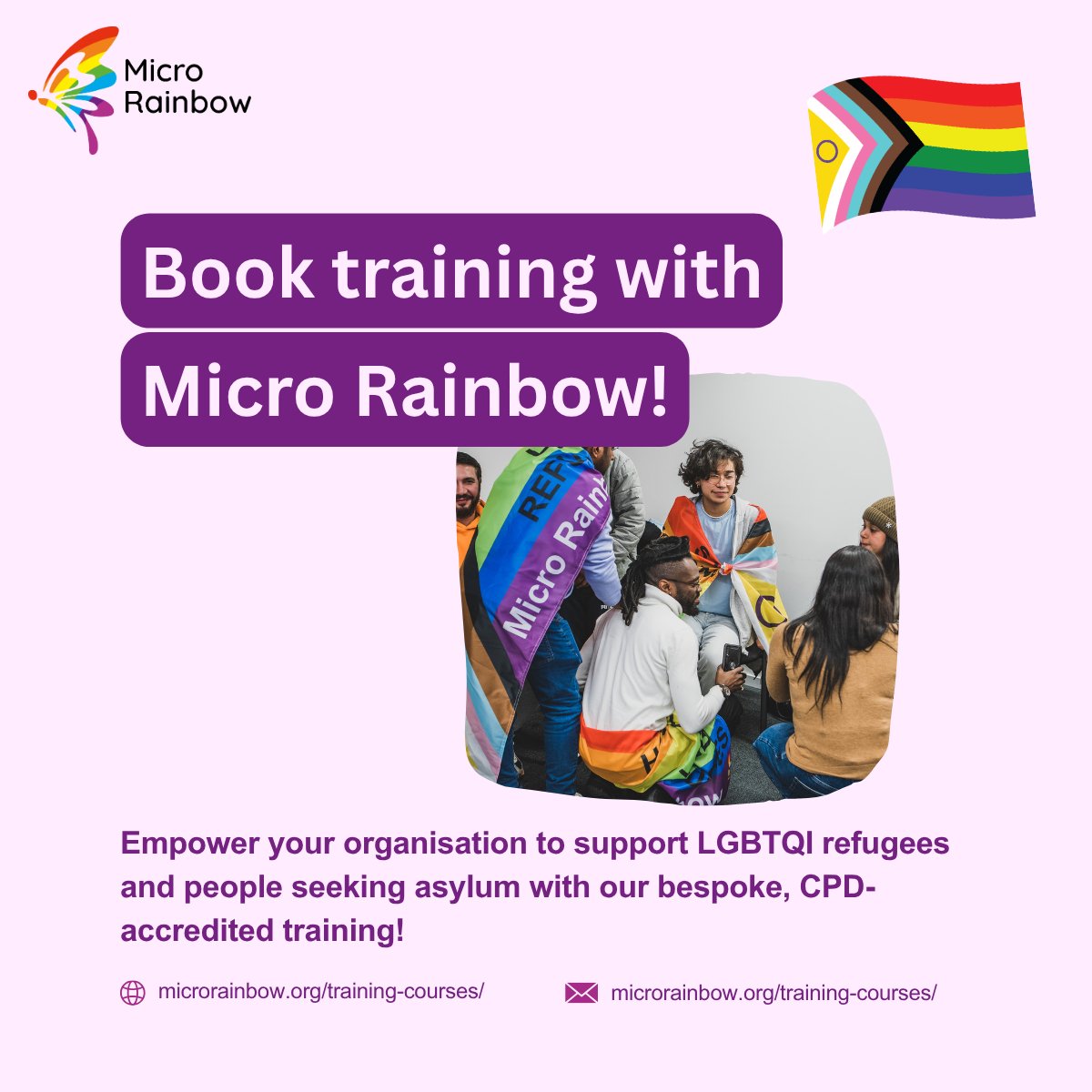 MicroRainbow's tweet photo. Want to create safer, more inclusive services for #LGBTQI people seeking asylum? 🌈

By #training with Micro Rainbow, you're also helping fund life‑saving support for LGBTQI people rebuilding their lives after persecution 💜

training@microrainbow.org
 https://t.co/TjjVu2MRMD https://t.co/U5Zo6EHugV
