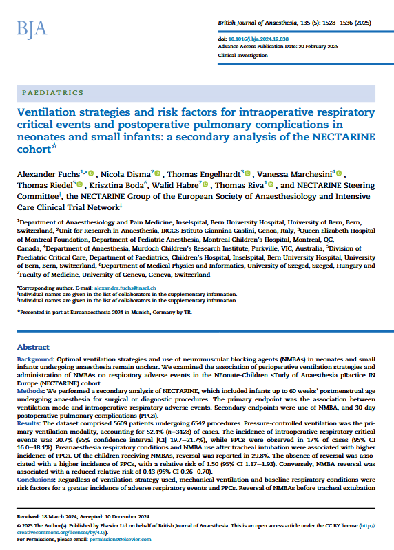 docusalut's tweet photo. Article a #Docusalut: Ventilation strategies and risk factors for intraoperative respiratory critical events and postoperative pulmonary complications in neonates and small infants: a secondary analysis of the NECTARINE cohort https://t.co/w53zO6VqqX @SonEspases #PublicaSalutIB https://t.co/vb6z5Bd5L7