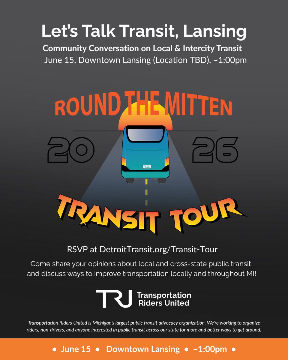 DetroitTransit's tweet photo. Grand Rapids, Benton Harbor &amp; St. Joseph, Kalamazoo, and Lansing, let's talk about transit in your communities! Join us at our community conversations in your cities on our Round-the-Mitten transit tour, so we can organize for transit.

RSVP at https://t.co/UgAik6kh6m. https://t.co/iNOzBXZE4c