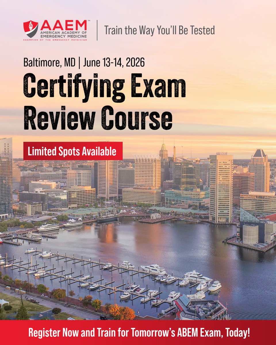 aaeminfo's tweet photo. Preparing for the ABEM Certifying Exam? Practice in a high-yield, simulation-based environment at AAEM’s Certifying Exam Review Course — June 13–14 in Baltimore.

✔ Patient encounters
✔ Procedural cases
✔ Real-time feedback

Register 👉 https://t.co/fDrBkv3wyW https://t.co/e1zj9aesM6