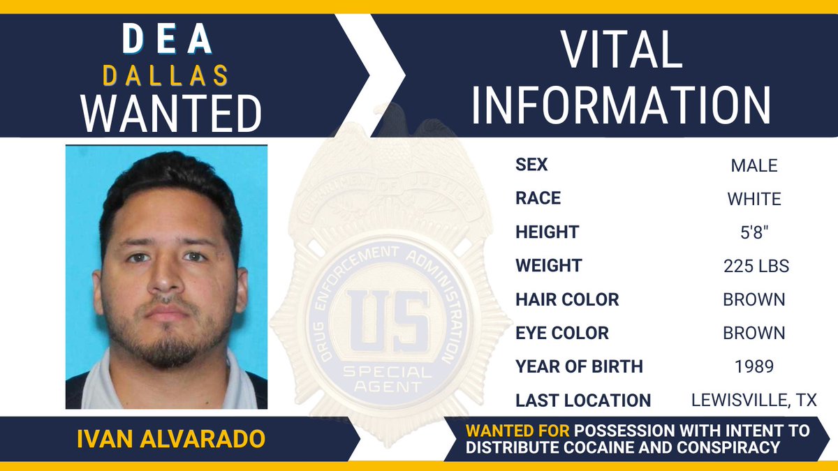 DEADALLASDiv's tweet photo. #FugitiveFriday: @DEADallasDiv is looking for Ivan Alvarado. Wanted for Possession with Intent to Distribute Cocaine and Conspiracy. Please call 1-877-WANTED-2. 
@TheJusticeDept @DEAHQ @LewisvillePD https://t.co/C0yRhqPZoI