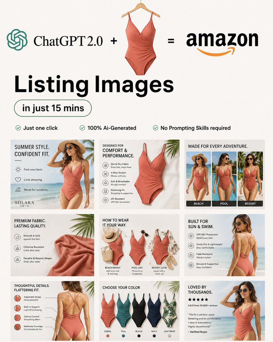 daffyduckinson's tweet photo. $83k/month summer products don’t need a single “nice” product photo

they need the buyer to see herself in 6 different moments before she buys

beach day
pool trip
resort look
soft fabric close-up
fit breakdown
color options
review proof

that’s what this image stack does

it takes one swimsuit and turns it into a full amazon sales argument

not just “here’s the product”

more like:

this is how it fits
this is where you wear it
this is why it feels premium
this is why other people trust it
this is why it belongs in your summer bag

that’s the difference between uploading images and building a listing that sells

rt + comment "swimstack" and i’ll send you the amazon listing image workflow
(follow for dm)