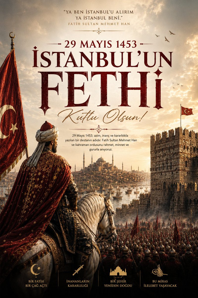 PatnosMEM's tweet photo. "29 MAYIS 1453 İSTANBUL’UN FETHİ Kutlu Olsun!"

29 Mayıs 1453; azim, inanç ve kararlılıkla
yazılan bir destanın adıdır. Fatih Sultan Mehmet Han
ve kahraman ordusunu rahmet, minnet ve
gururla anıyoruz.

@tcmeb @agrimem @zorluyuksel https://t.co/4uoq7dGazG