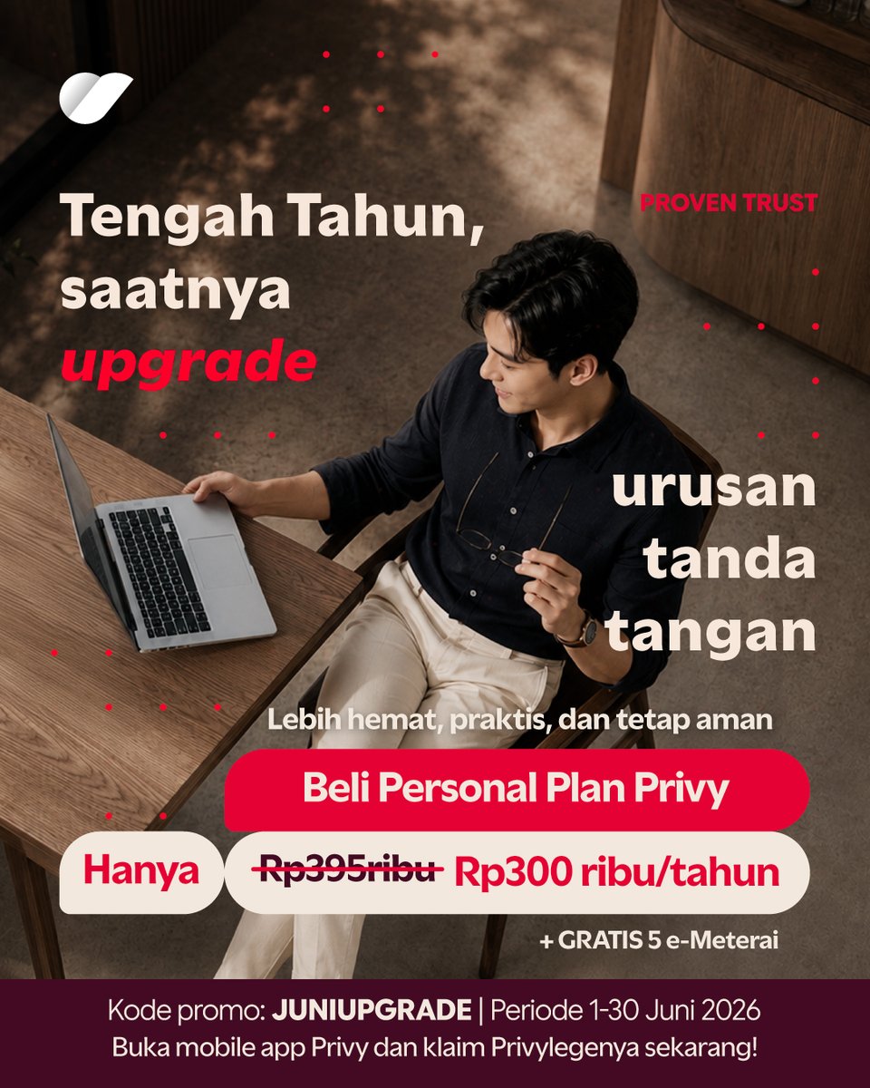 PrivyID's tweet photo. Sudah memasuki pertengahan tahun 2026, waktunya Upgrade urusan tanda tangan bareng Privy!📢

Pakai kode "JUNIUPGRADE" saat upgrade ke Privy Personal Plan Tahunan dan dapatkan harga spesial Rp300 ribu/tahun + gratis 5 e-Meterai langsung.

Beli paketnya dan masukkan kodenya sekarang di mobile app Privy untuk tanda tangani berbagai dokumen tanpa batas, hemat, dan tetap aman.

📅Promo berlaku 1-30 Juni 2026.