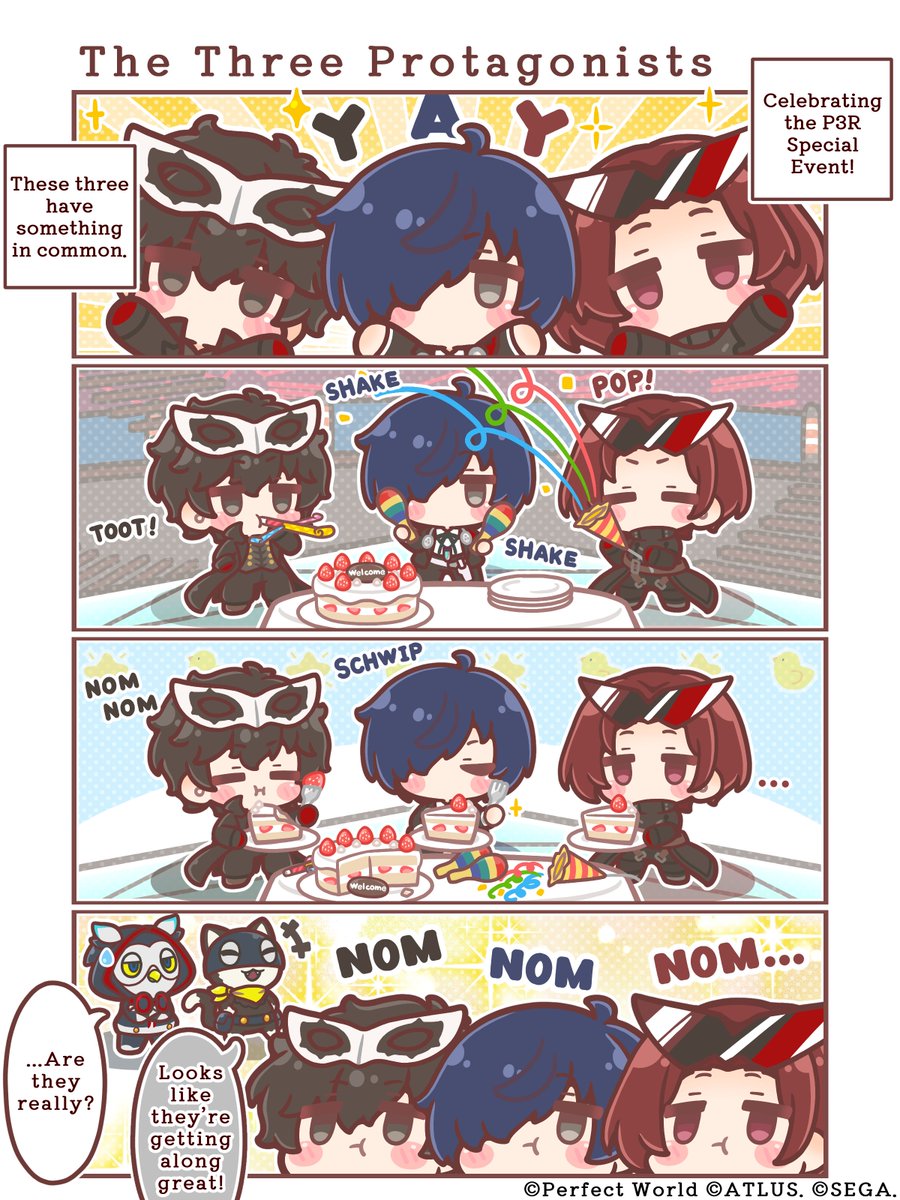 P5XOfficialWest's tweet photo. ╋━━
P5Xfourpanel comic
　　　　　　　━━━╋

The (ir)regular serialization of P5X's official 4-panel comic continues!
Just another normal day for the Phantom Thieves and friends...

🌙 Chapter 8: The Three Protagonists
The 3 protagonists have gathered in celebration of the Persona 3 Reload crossover!
What did Lufel and Morgana see while watching over them...?

#P5XEN #P5X_fourpanelcomic #P3R #P5X1stAnni #P3RxP5X