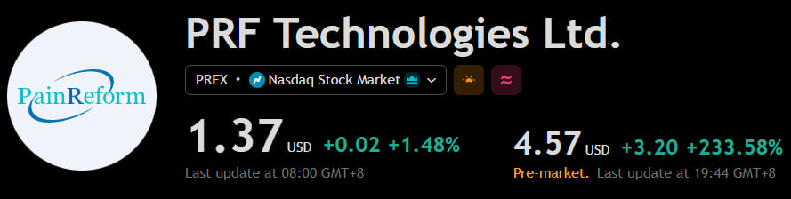 S7OCKY's tweet photo. $PRFX is stealing the spotlight today.

✅ Close: $1.37
✅ Premarket: $4.57
✅ Up 233%

Massive volume and strong momentum heading into the open.

Follow for more stock alerts, market trends, and actionable ideas.

#StockMarket #Investing #MomentumTrading #Stocks https://t.co/OO9JkSr6Cr