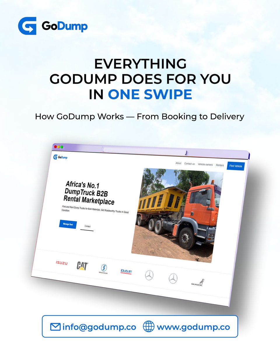 godumpng's tweet photo. You don’t need 5 phone calls to move one load.
GoDump makes truck booking simple, fast, and transparent —from booking to delivery.

Contact us via +234 808 775 2920 today to book your next delivery.

Tap, Book, Track, Done.

#godump #construction #booking #tracking #trucks https://t.co/KSSvtOMVno