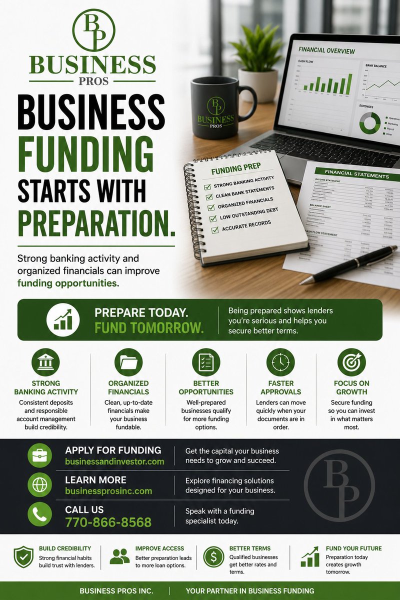 yourbusprosinc's tweet photo. Business funding starts with preparation.

Strong banking activity and organized financials can help improve funding opportunities and approval chances.

#BusinessFunding #SmallBusiness #BusinessGrowth https://t.co/zKokAXxnop