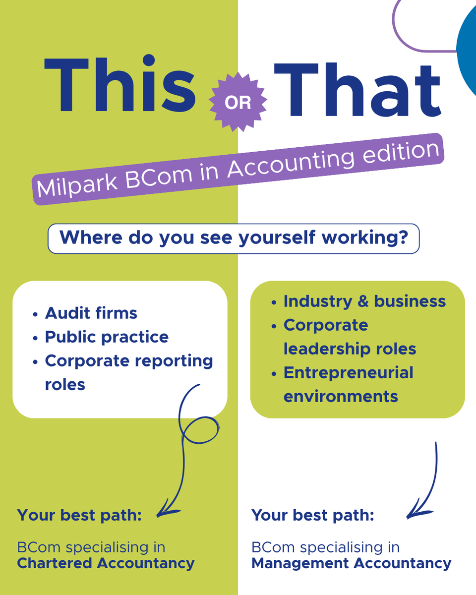 CA_Connect's tweet photo. Where you see yourself working one day may be the catalyst for your BCom specialisation.

➡️Explore which direction aligns best with your future goals and apply for our mid-year intake: https://t.co/5xOCJUpD7T

#MilparkEducation #SchoolOfProfessionalAccounting #CAConnect #BCom https://t.co/beDloOeoLx