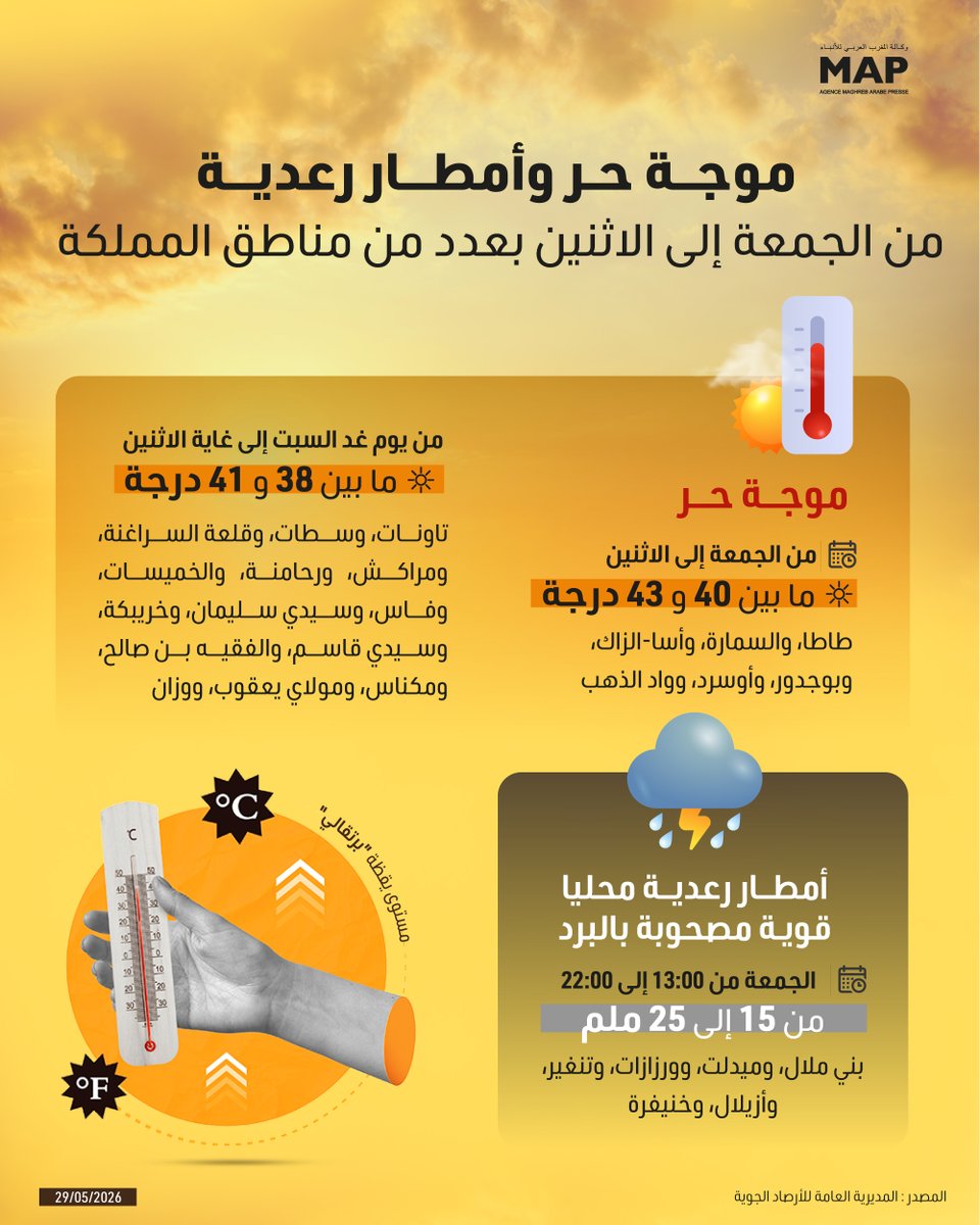 MAP_Information's tweet photo. تتوقع المديرية العامة للأرصاد الجوية تسجيل موجة حر، وأمطار رعدية محليا قوية مصحوبة بالبرد، من اليوم الجمعة إلى غاية الاثنين المقبل بعدد من مناطق المملكة.
#MapInfographie https://t.co/UUtXaeeXkK