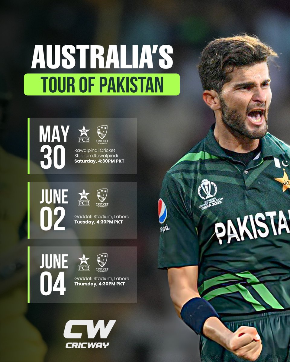 cricway02's tweet photo. 🚨 SCHEDULE ALERT: The #PAKvAUS ODI series kicks off tomorrow! 🇵🇰🦘

🏏 1st ODI: Rawalpindi 🏟️ 2nd &amp; 3rd ODI: Gaddafi Stadium, Lahore ⏰ Match Time: 4:30 PM PKT / PST
The ultimate 50-over showdown is here. Predict the series scoreline! 👇
#Cricket #BabarAzam #cricway https://t.co/Ocm3NvbzgH