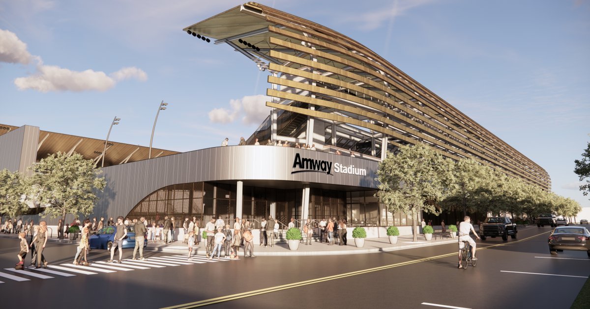 FOX17's tweet photo. A topping out ceremony today marks a major milestone for Grand Rapids' $175M Amway Soccer Stadium, set to open spring 2027. https://t.co/UCcnG6LuU1 https://t.co/CUn0RR76tO