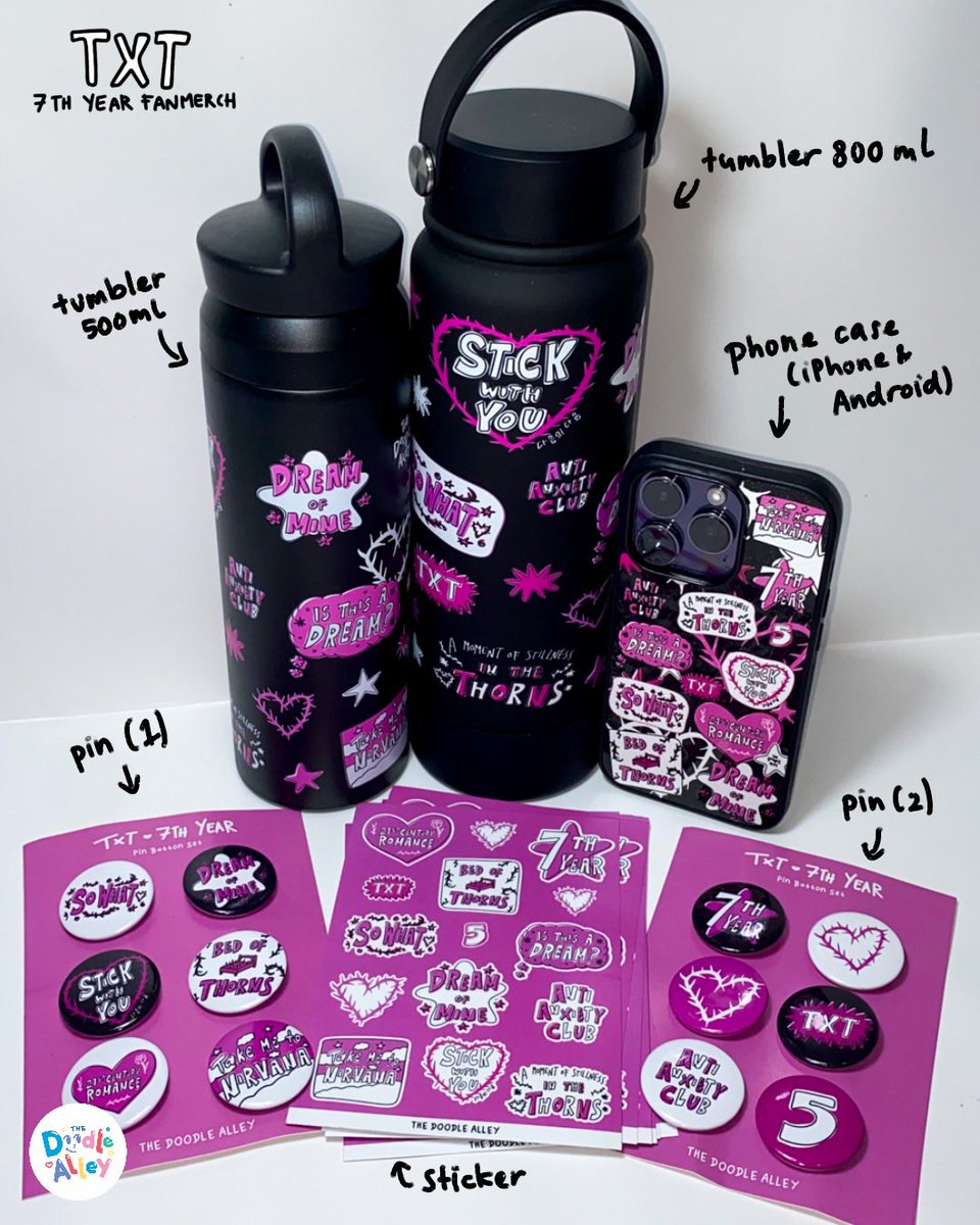 thedoodlealley's tweet photo. [ OPEN PRE-ORDER ]

TXT - 7th Year Fanmerch 💗🖤
—— tumbler 500 ml &amp; 800 ml, phone case, pin, sticker

*Available in iPhone &amp; Android
*freebies 2 sticker for ea products

🎁 gift for 20 first moas

🗓️ 29 May - 5 June 2026
🔗🇮🇩INA: https://t.co/usSc3w3Ed4

Worldwide GO pls DM 🌎 https://t.co/R9PEI9B510
