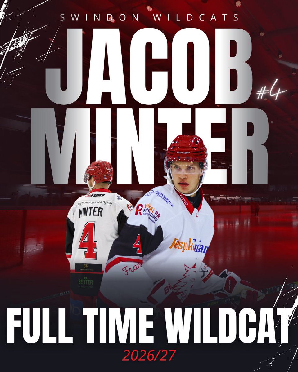 SwinWildcats's tweet photo. MINTER IS A FULL-TIME WILDCAT  🐾

The Swindon Wildcats are delighted to confirm that #4 Jacob Minter has signed full-time for the 2026/27 season! 🔥

After gaining valuable experience with the Slough Jets, Jacob now commits to Swindon full-time ahead of the new campaign. A strong local talent with a bright future in red and white ❤️🤍

Let’s go, Minter! 👏
🔗 : https://t.co/Horokysj7e