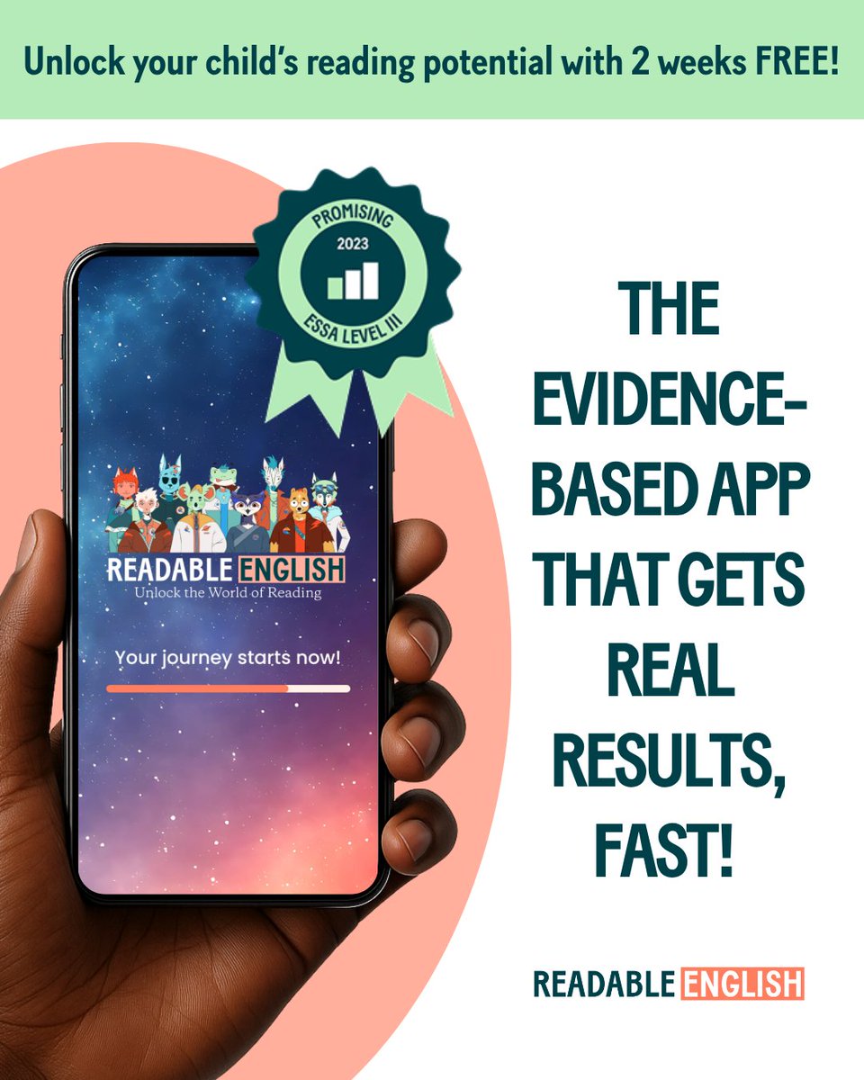 Readablenglish's tweet photo. Real reading results, delivered fast. 📚✨

Readable English is the evidence-based methodology built into an app to unlock your child's full potential. See the difference for yourself with 2 weeks FREE! Your child's reading journey starts now 👇
https://t.co/cgBVrSw4f3 https://t.co/iSNfJzyFj5