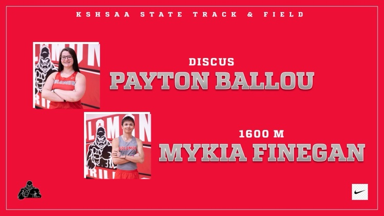 SolomonSchools's tweet photo. Good luck to our Gorillas competing in the KSHSAA State Track &amp; Field Championships Friday and Saturday. 

Justus - Pole Vault @ 2:45 PM Friday 
Karis - Pole Vault @ 6:15 PM Friday 
Mykia - 1600 M @ 2:10 PM Saturday 
Payton- Discus @ 3:00 PM Saturday https://t.co/iWKPngWsvu