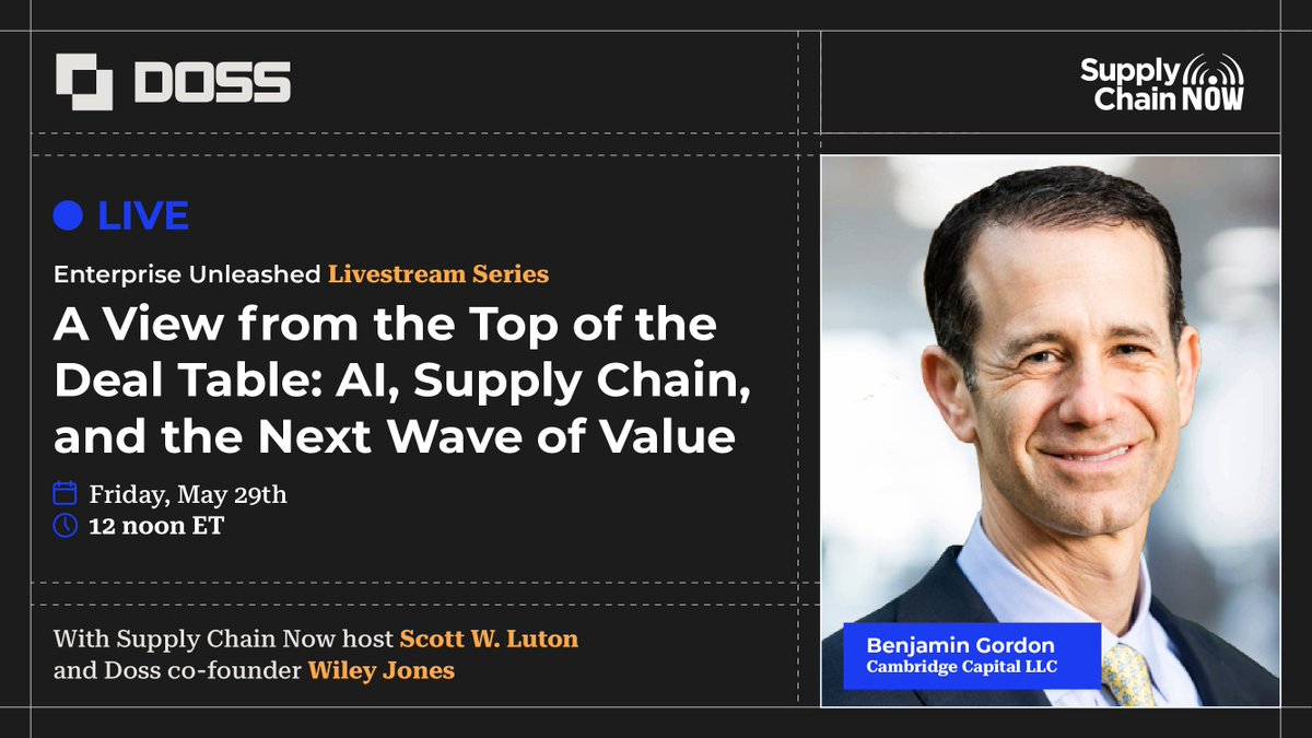 _supplychainnow's tweet photo. AI hype is everywhere. But where is the smart money actually going?

LIVE today at noon ET, @ScottwLuton and @Wileycwj sit down with @BenjaminhGordon of @CambCapital to talk supply chain investment, automation, operational resilience, and the future of logistics.

Join us live: https://t.co/qLDu5JEQme 

#SupplyChain #AI #Logistics