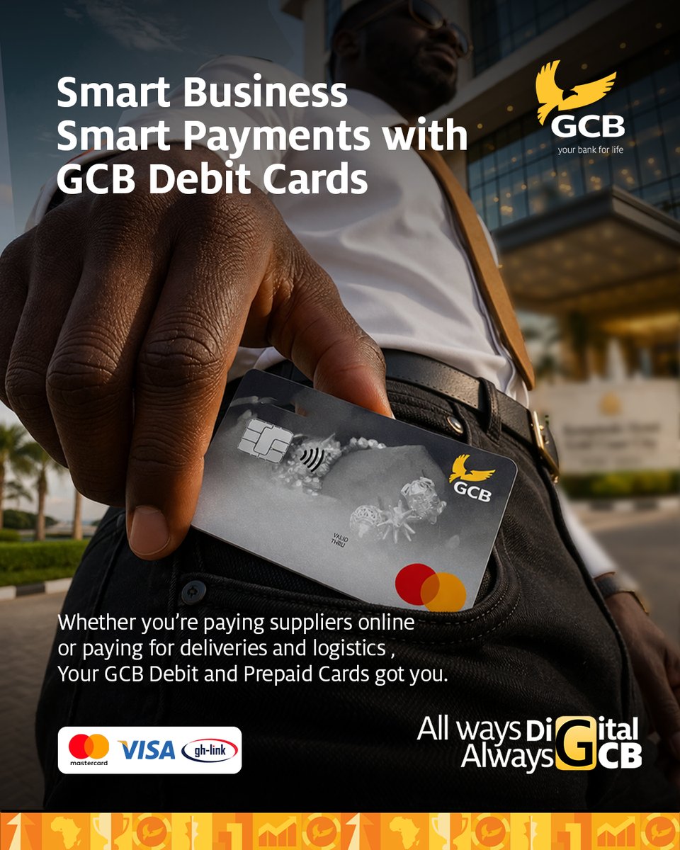 GCBBankPLC's tweet photo. From supplier payments to delivery and logistics transactions, GCB Debit and Prepaid Cards give your business the speed, convenience and security it needs to stay ahead.
Pay confidently anytime, anywhere with GCB Bank.
#GCBDebitCard #SmartPayments #DigitalBanking #BusinessSolutions #AlwaysDigitalAlwaysGCB #GCB #GCBCares #YourBank4Life