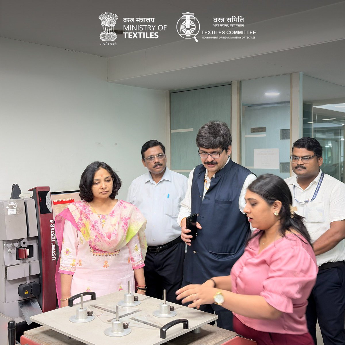 TexComIndia's tweet photo. Ms. Manisha Chatterjee, Joint Secretary, Ministry of Textiles, Govt. of India, visited the HQ of the Textiles Committee along with Ms. Vrunda Manohar Desai, Textile Commissioner & Vice Chairperson, Textiles Committee on 29th May 2026.

During the visit, a comprehensive review of the activities and initiatives undertaken by the Textiles Committee was conducted. Discussions focused on ongoing programmes, key achievements, and future initiatives aimed at strengthening services to the textile sector.

Shri Kartikay Dhanda, Secretary, Textiles Committee, along with senior officers of the organisation, were present during the review meeting.

#TextilesCommittee #MinistryOfTextilesn #TextileCommissioner #TextileSector #Governance #TextilesIndia