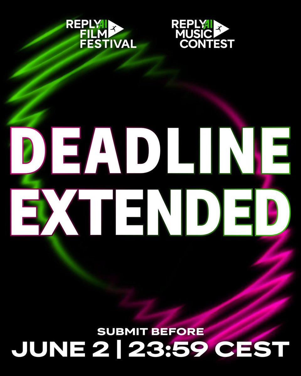 ReplyChallenges's tweet photo. DEADLINE EXTENDED! ⏰

You can now submit your entry to the #ReplyAIFilmFestival and #ReplyAIMusicContest until June 2nd at 23:59 CEST!

Do it on:
👉 https://t.co/MpWCs9Edvh
👉 https://t.co/WiIWUYoIy3 https://t.co/tRNxJG4tDG